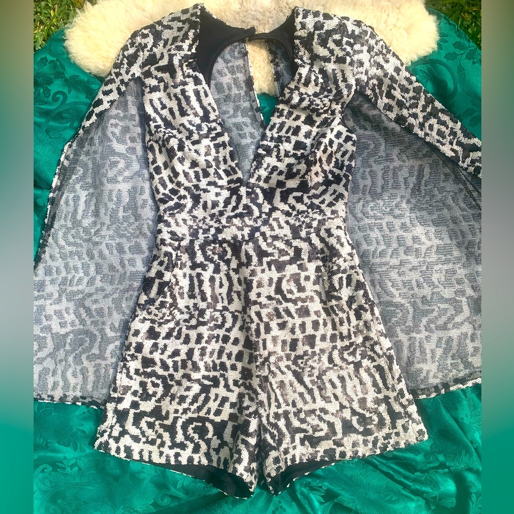 Black and white Sequin Romper with Cape!!
